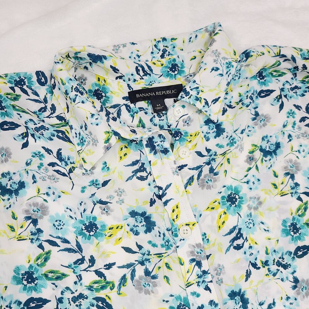 Banana Republic Floral Blouse Medium Blue Green Button Front Shirt Lightweight - Picture 5 of 11